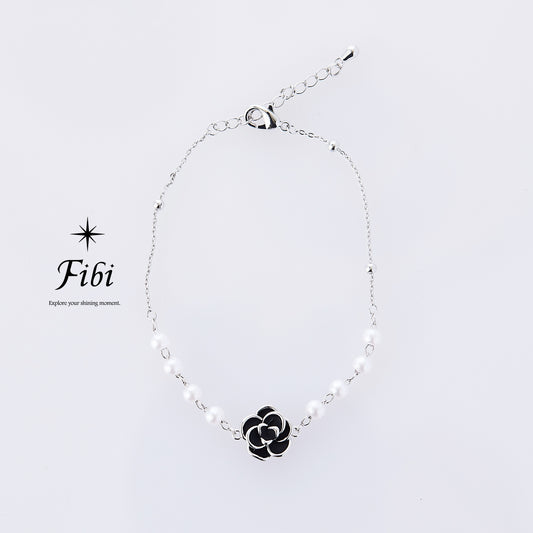 Black Rose Flower Shape Pearl Silver Plated Bracelet
