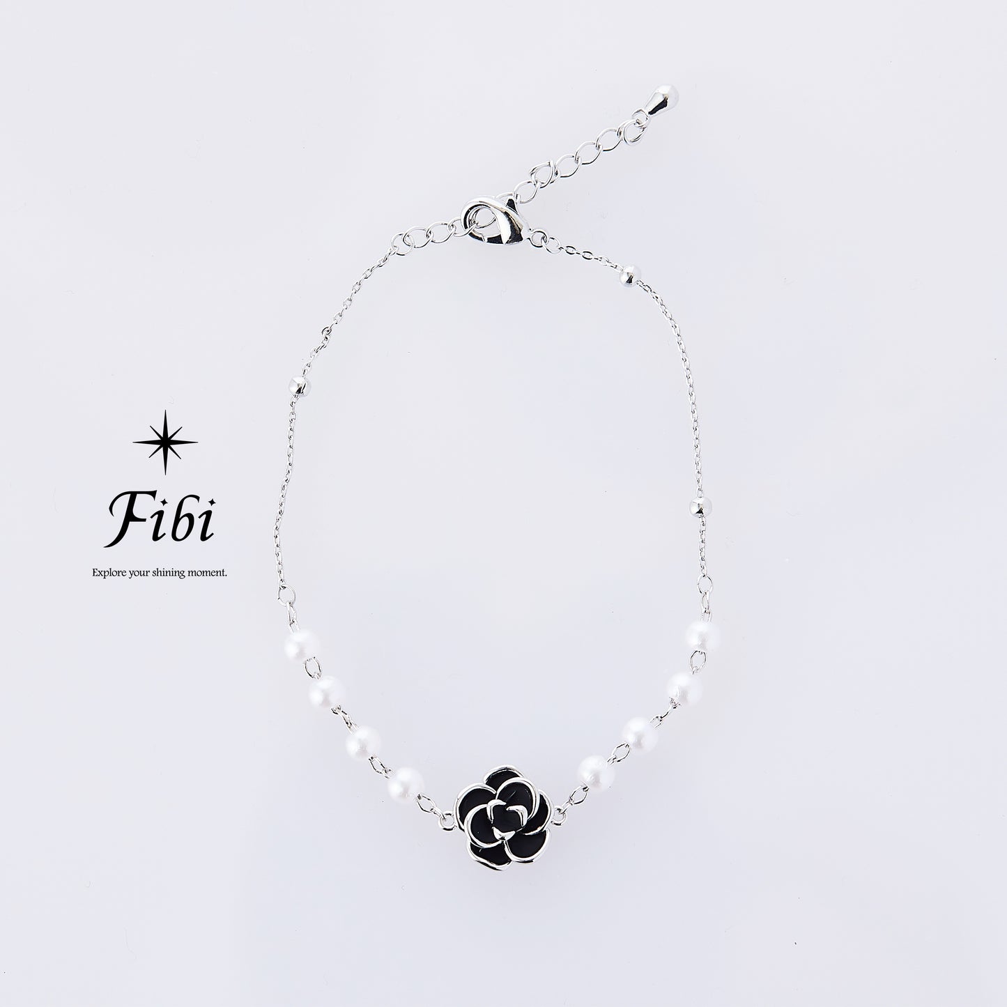 Black Rose Flower Shape Pearl Silver Plated Bracelet