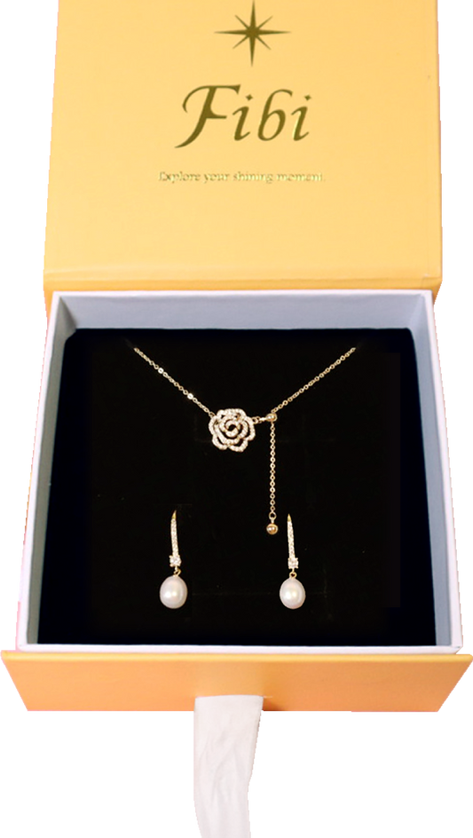 Freshwater Pearl 925 Silver Drop Earrings and Rose Flower Shape Necklace Set