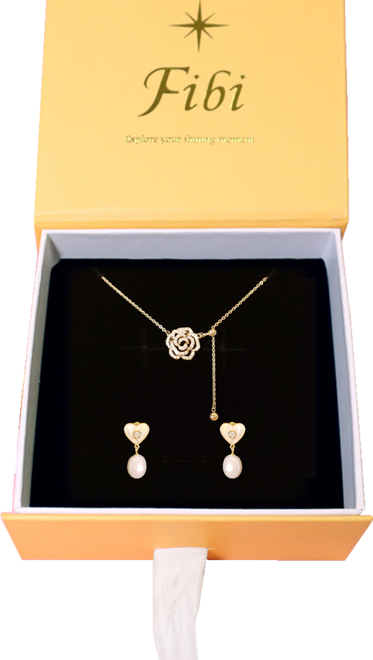 Heart Shape Freshwater Pearl 925 Silver Drop Earrings and Rose Flower Shape Necklace Set