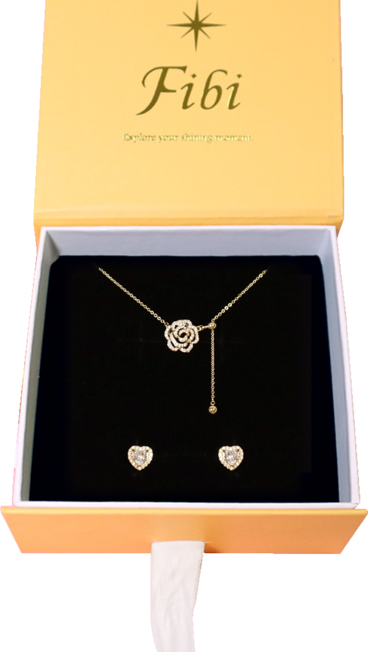 Rose Flower Shape Necklace and Heart Zircon Earrings Set